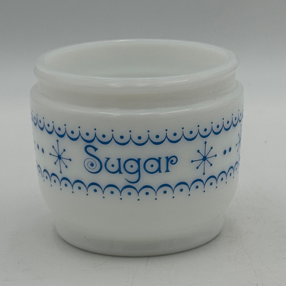 Vintage Gemco Milk Glass Sugar Bowl Blue Snowflake Lace Pattern USA Made White